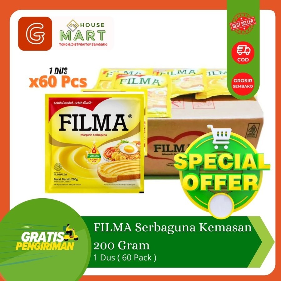 

[Paket 1 Dus isi x60 Pcs] FILMA Serbaguna Sachet 200 Gram / Filma Mentega Margarin Masak Kemasan Saset 200 gr Butter 1 Karton