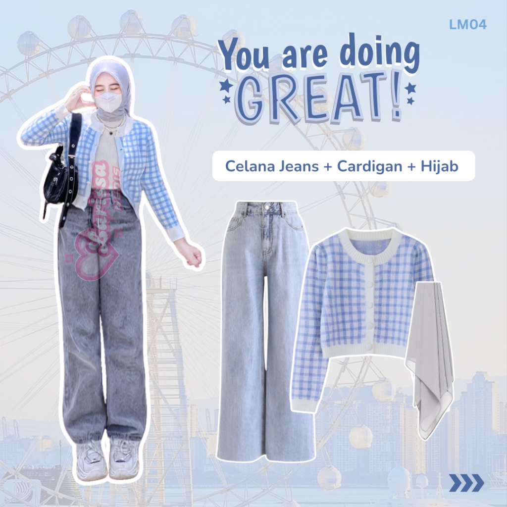 3in1 One Set Wanita Kekinian Celana Jeans Cardigan Rajut Hijab Bella Premium Square Yuna LM04