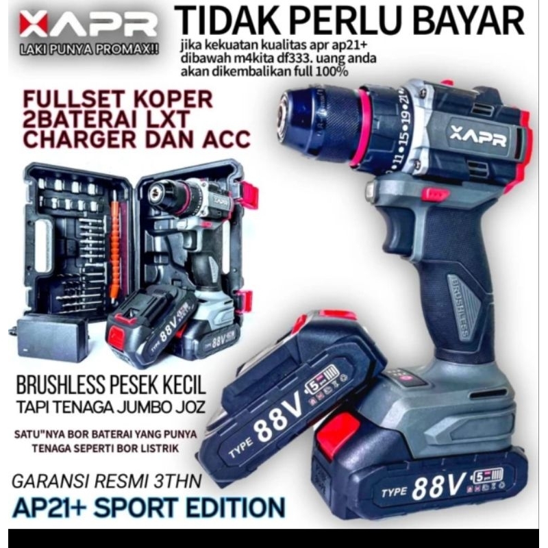 APR AP20 + BOR CORDLESS BATRAI BRUSHLESS 13 MM 2 BATRAI KOPER FULL ACCESSORIES