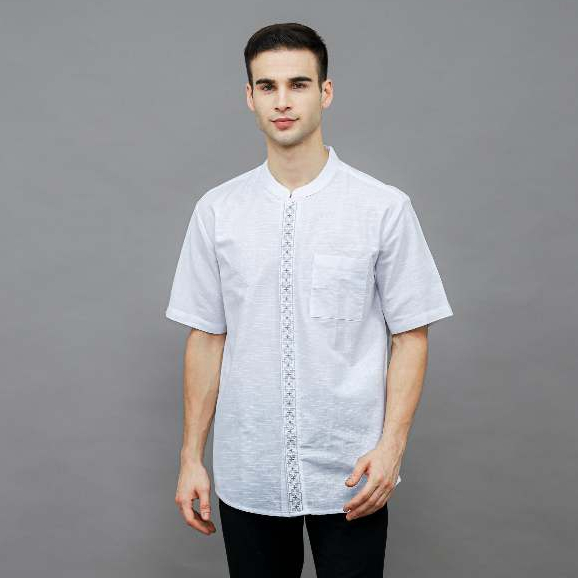 Baju Koko Pria - DALIL - Kemeja Koko Pria Bordir Lengan Pendek - Putih by LOA STUDIOS