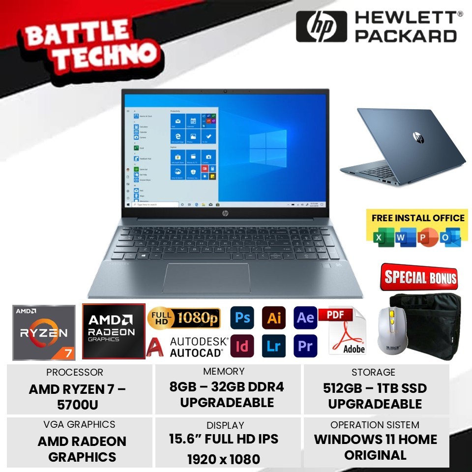 Laptop Gaming Hp Pavilion 15 AMD Ryzen 7 5700U 32GB 1TB SSD FHD IPS Windows 11 Office Blue