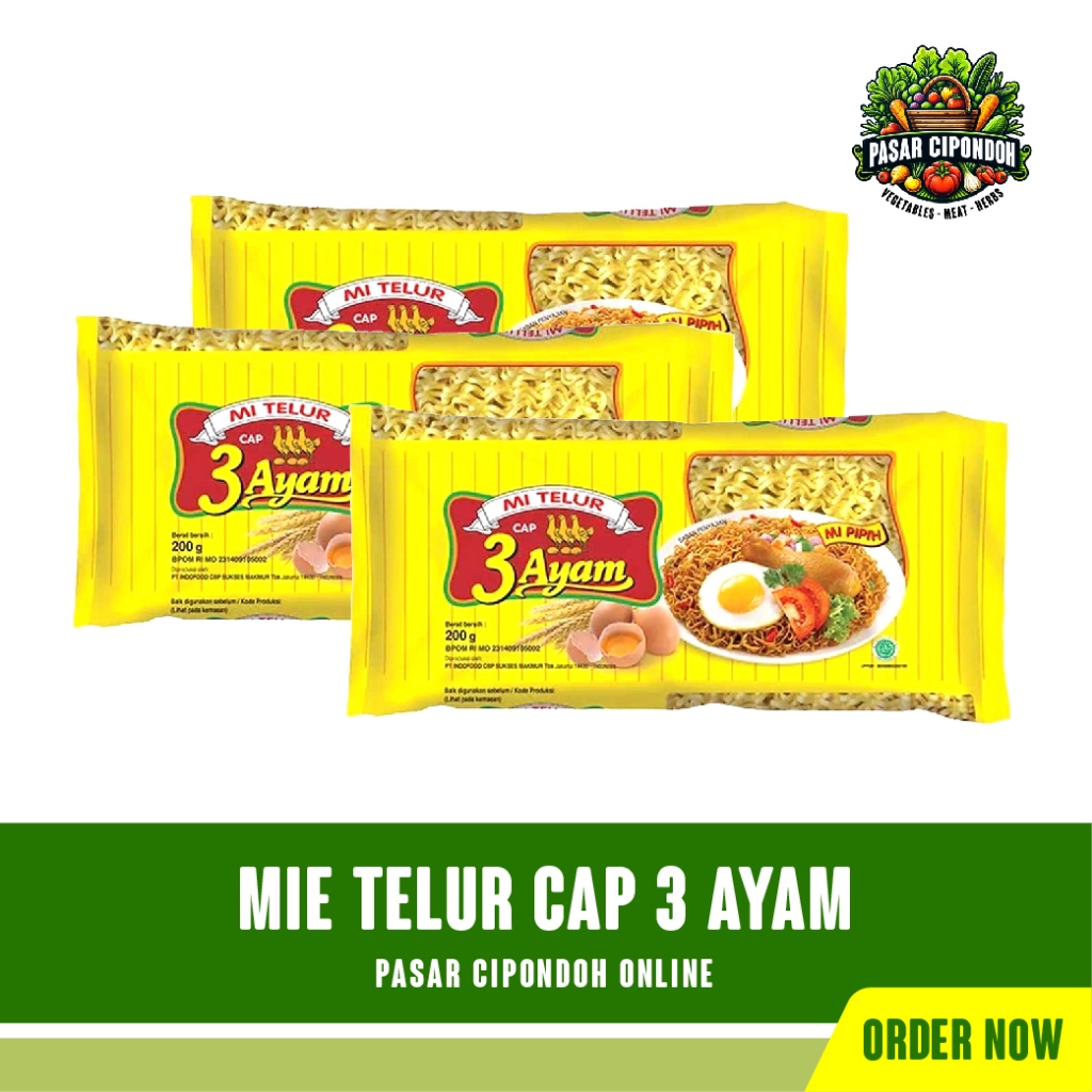 

Mie Telor Mi Telur Cap 3 Ayam Kuning 200 gram - Pasar Cipondoh Tangerang