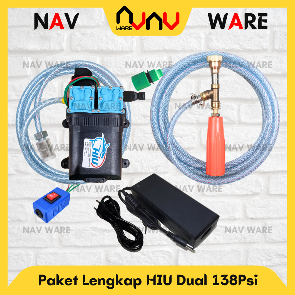 Baru Paket Lengkap Hiu Dual Pump Original 138Psi High Pressure Pompa Air Dc 12V Alat Cuci Motor