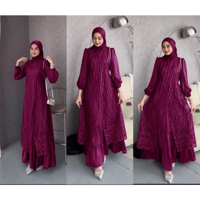Olifia - gamis dress import premium brukat full satin jumbo S M L XL XXL 3XL tali pinggang acara pes