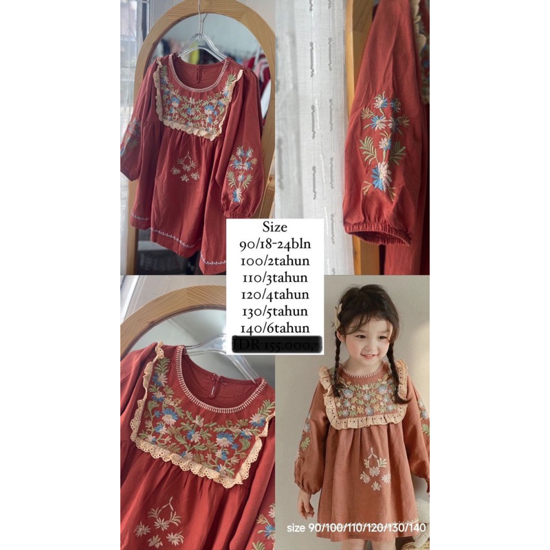 Dress Anak Katun Linen Bordir Teracotta (100089)