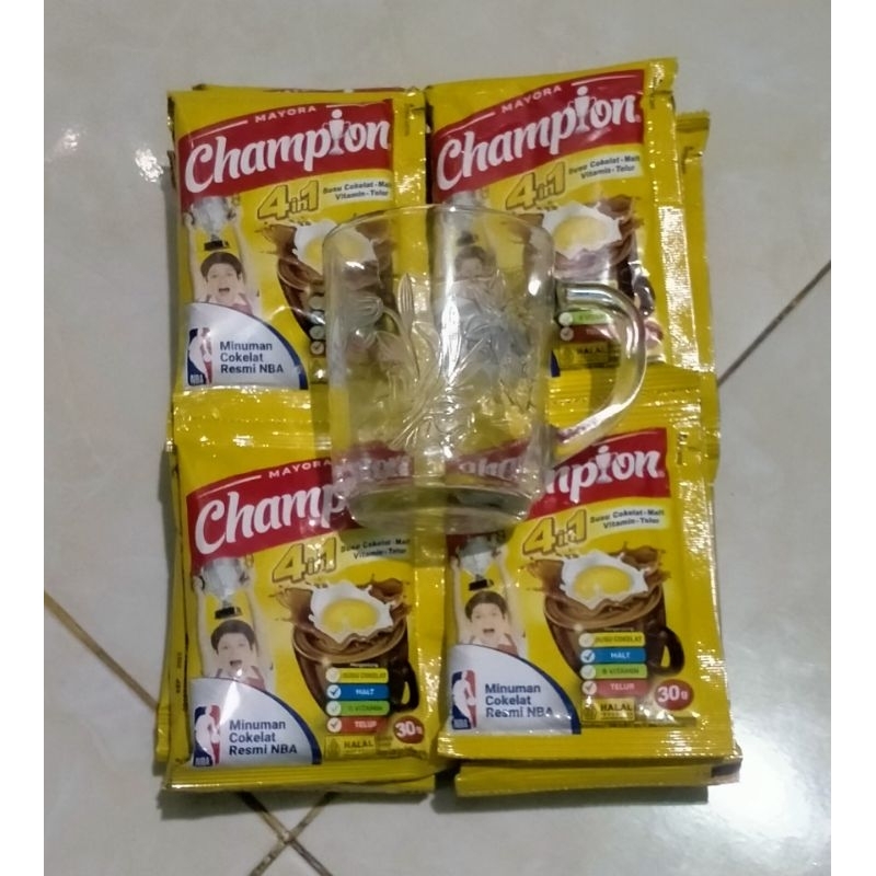 

SUSU CHAMPIONS Kemasan 10+1 (1Renteng isi 11Sachet) 2Renteng Free Gelas Kaca