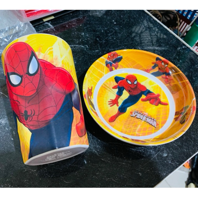 paket 2in1 MANGKOK melamin set piring gelas set karakter cowok cowo spidermen spiderman