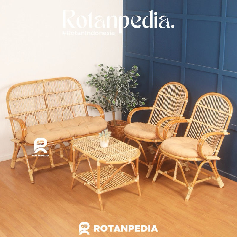 (Luar Jawa) Kursi Tamu Pengki Rotan Minimalis 1 Set | Kursi Sofa Tamu Rotan | Kursi Pengki Rotan Min