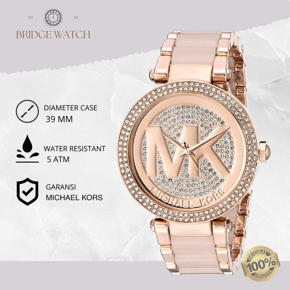 Jam Tangan Wanita Michael Kors MK6176 Parker Rose Gold Crystal Pave Women Stainless Steel Strap Rant