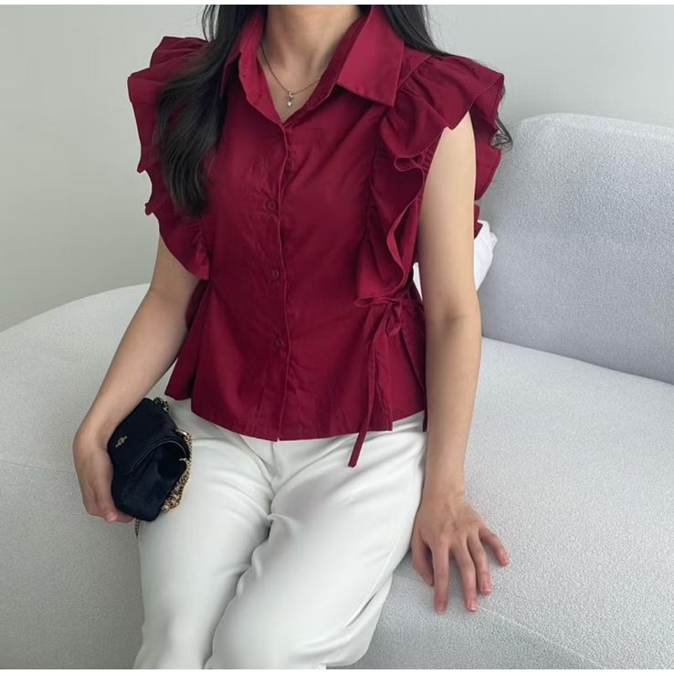 [COTTONBELLS] BAJU PREMIUM LAREINA SLEEVELESS BUTTON RUFFLE PLAID TOP (HQ - B 13644)