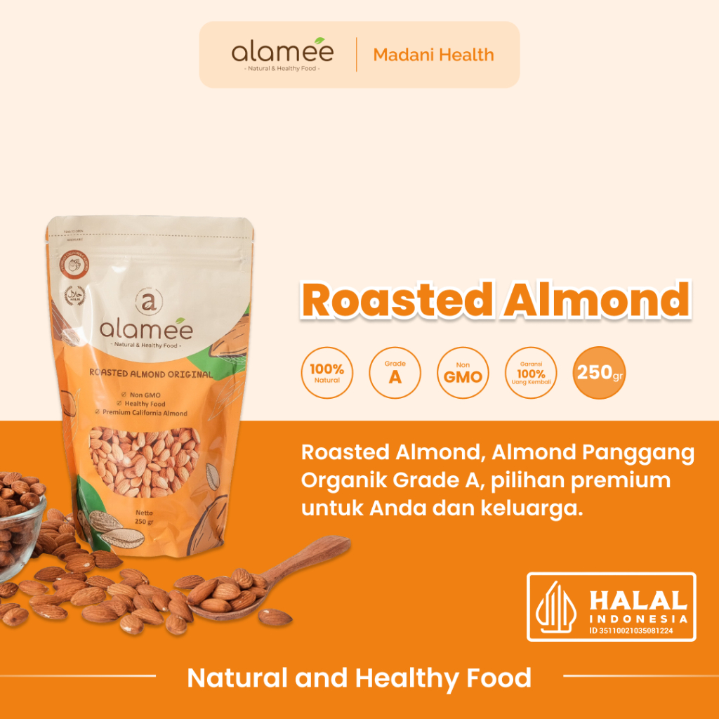 

ALAMEE Kacang Almond Almon Kupas Panggang Premium Roast Roasted Grade A California Oven Siap Makan