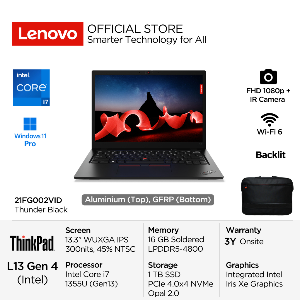 Lenovo ThinkPad L13 Gen 4 2VID Intel Core i7 1355U Win11 Pro 16GB 1TB SSD 13.3" FHD IPS 300nits 45% 