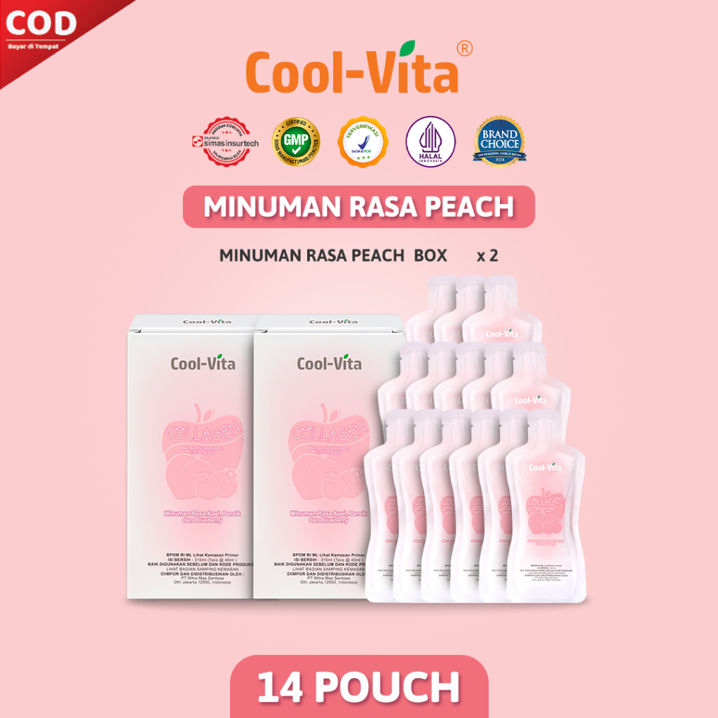 [14 Pouch] Coolvita Collagen Premium Langsung Minum Rasa Apel, Persik & Blueberry 2 Box