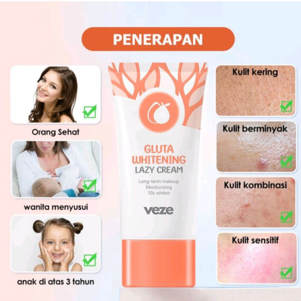 BPOM Krim Pemutih Wajah Veze 30g Gluta Whitening Lazy Cream Pelembab Wajah dan Tubuh