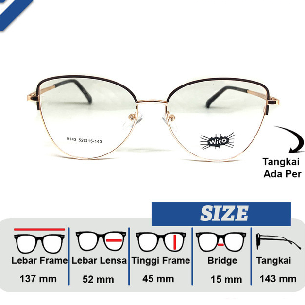 FRAME KACAMATA PRIA / WANITA ORIGINAL WICO 9143 Lebar Frame 143Full Frame MODEL CAT EYE