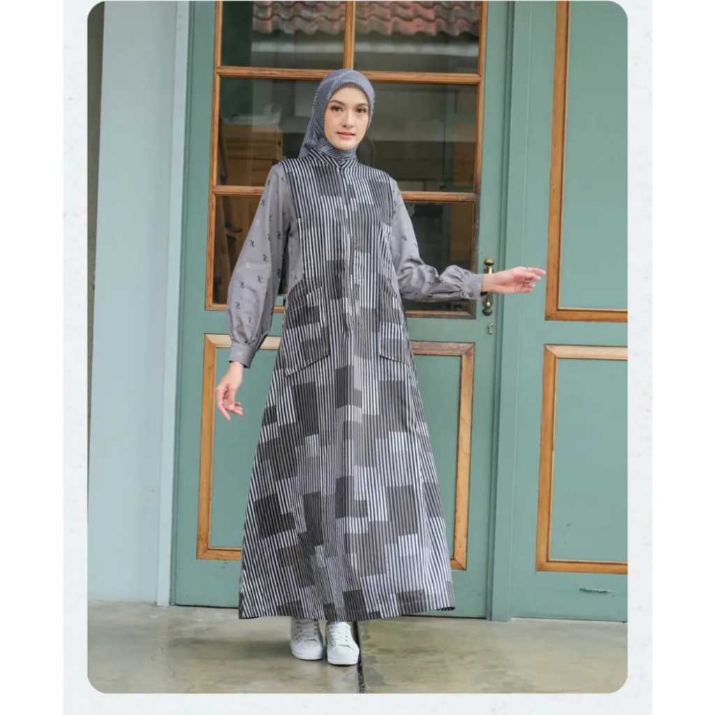 Korina Jihan Dress Gamis Pakaian Wanita Katun Motif Grey Black