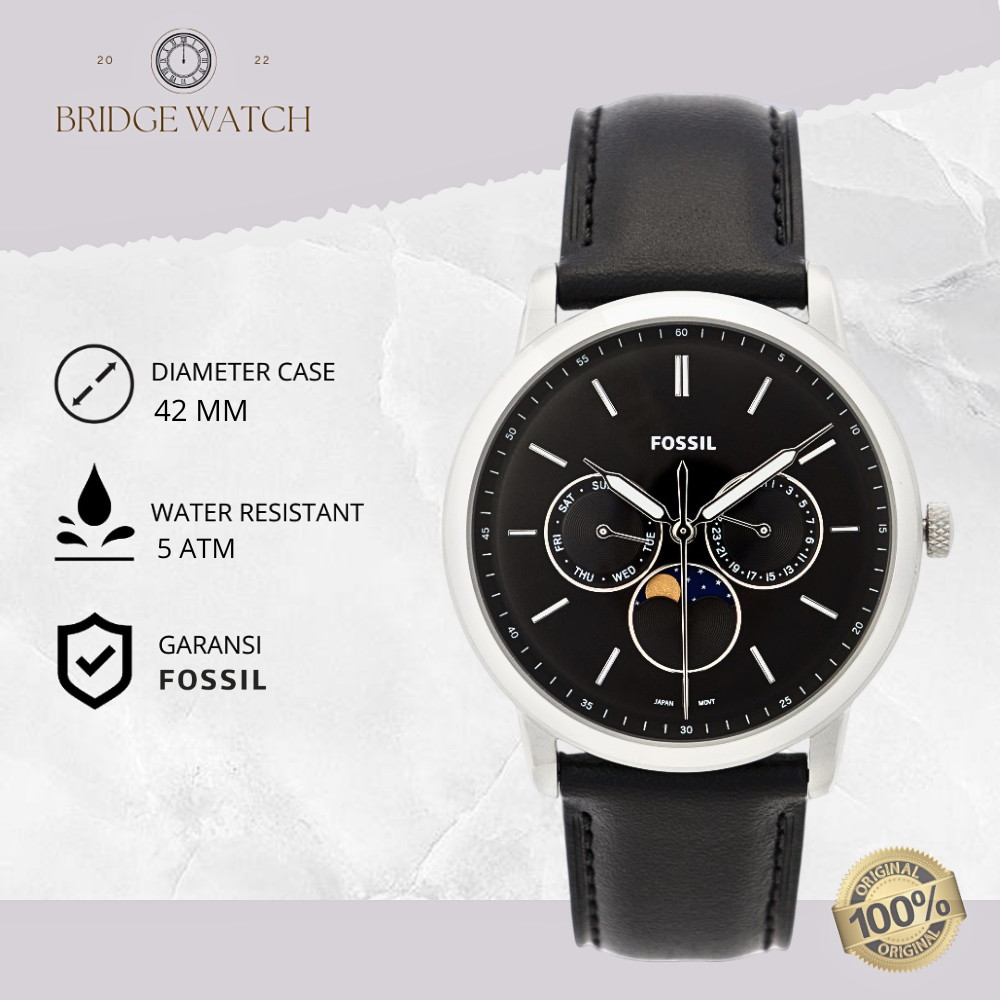 Jam Tangan Pria Fossil FS5904 Neutra Moonphase Chronograph Black Leather Strap Hitam Kulit Casual Fo