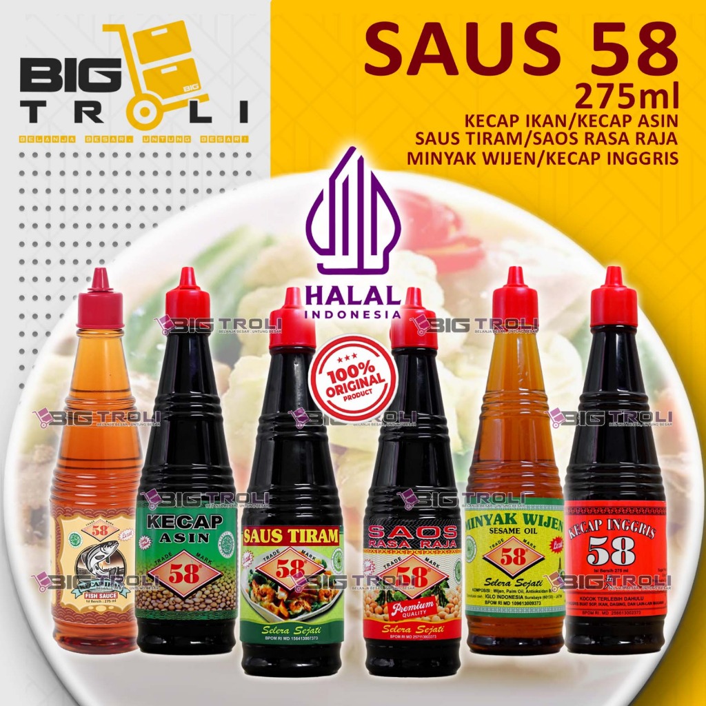 

Saos 58-Kecap ikan | Kecap Asin | Saos Tiram | Saos Rasa Raja | Minyak Wijen | Kecap Inggris (275ML)