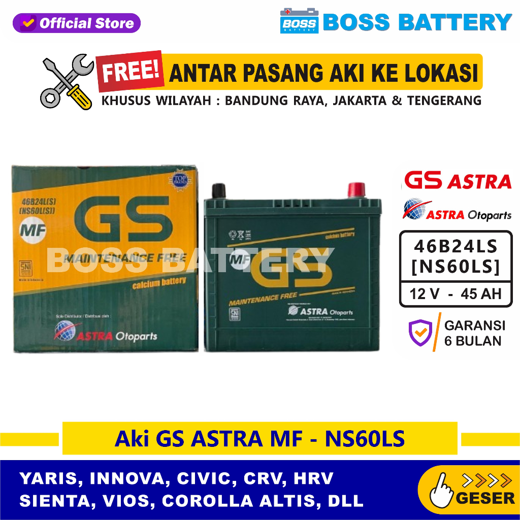Aki GS MF NS60LS - 45 Amper, Aki GS ORIGINAL ASTRA OTOPARTS