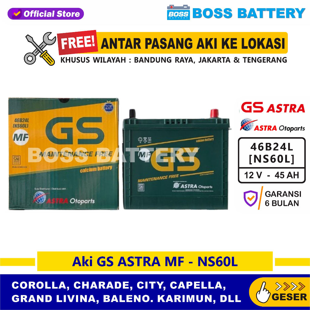Aki GS MF NS60L - 45 Amper, Aki GS ORIGINAL ASTRA OTOPARTS