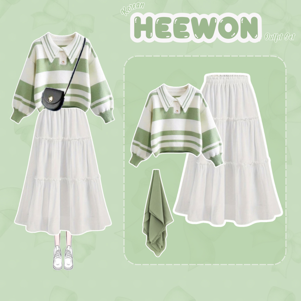 Heewon Outfit Set [ Sweater+ Rok Susun + HIjab ]  OOTD Korean Simple Cocok Untuk Hangout dan Ngampus