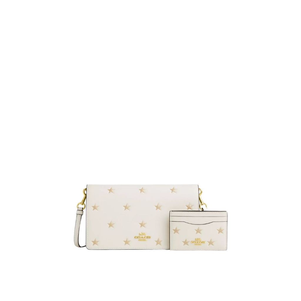 COACH Boxed Anna Foldover Clutch Crossbody Bag And Card Case Set With Star Print Gold Chalk Multi