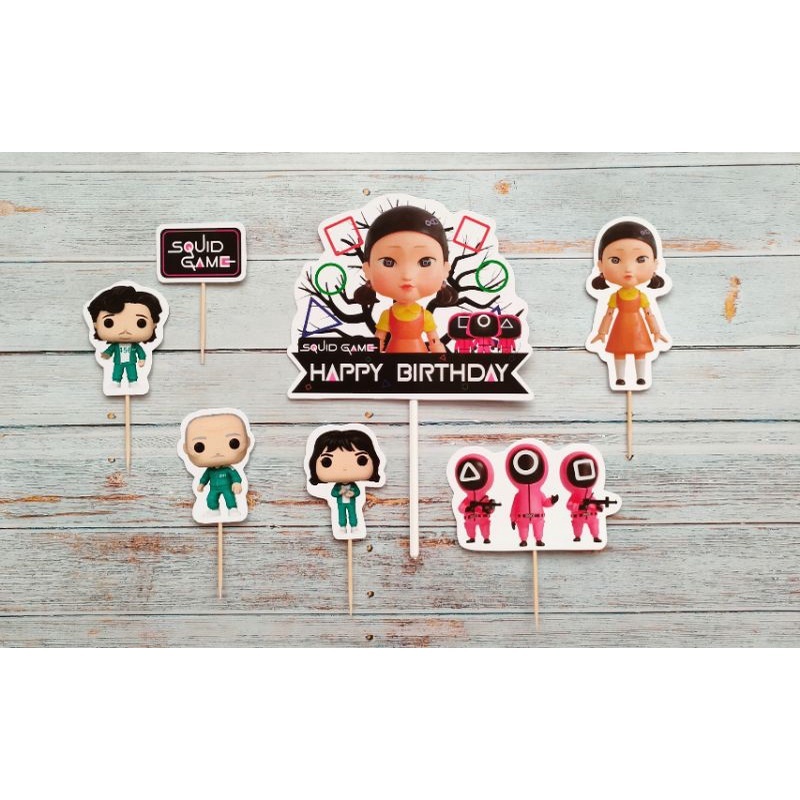 isi 7 cake topper hiasan kue ulang tahun tema Squid Game