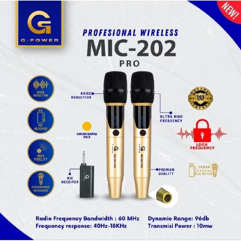 G-POWER MIC WIRELESS DOUBLE MIC 202 PRO WARNA GOLD / MIC WIRELESS KARAOKE G-POWER 2 MIC / MICROPHONE