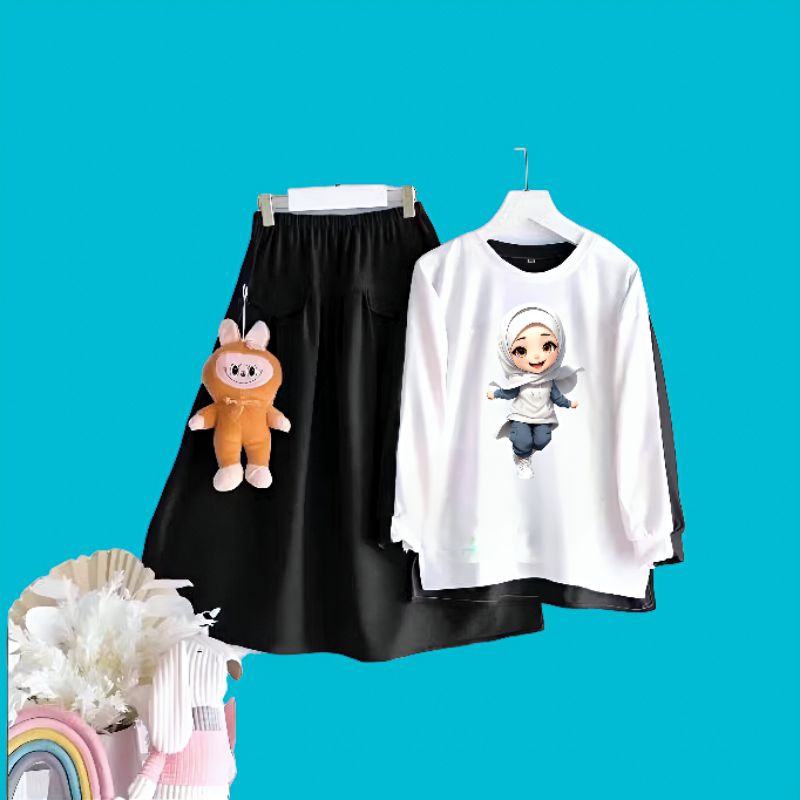 Shafira set anak perempuan Fashion terbaru bawahan model rok dan baju Motif Karakter gadis ceria ber