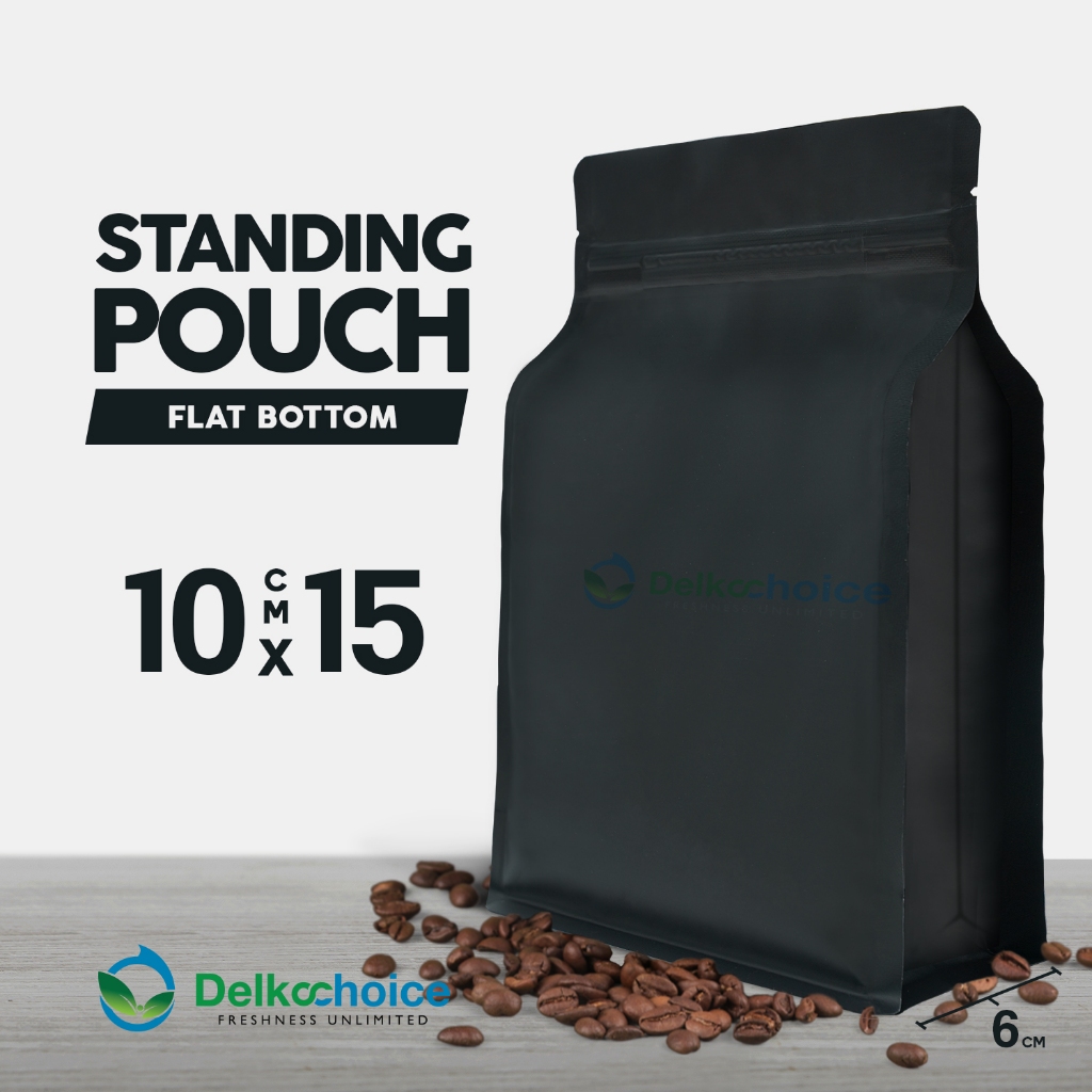 TERMURAH STANDING POUCH KEMASAN FLAT BOTTOM POLOS PREMIUM  Hitam 10CM X 15CM