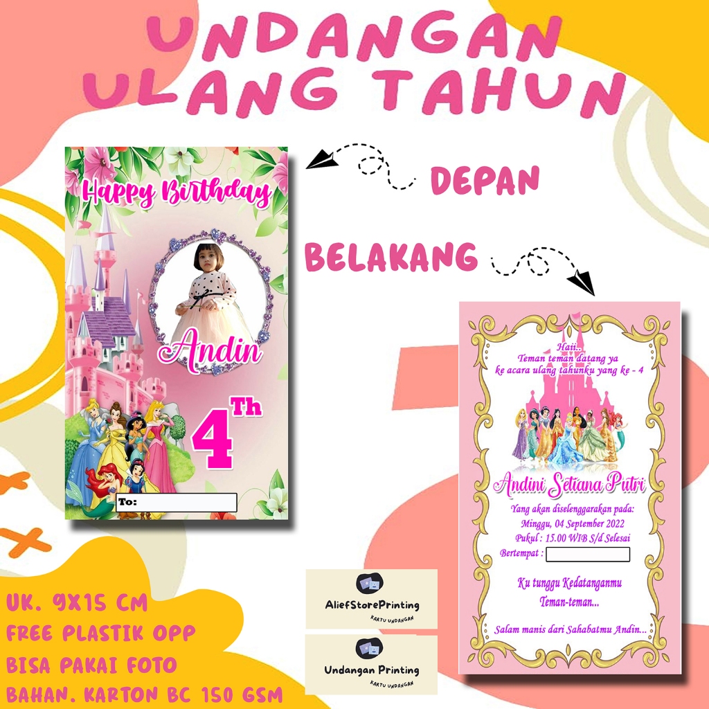 Undangan ulang tahun PRINCES 1  ( 30 PCS / 50 PCS )  Undangan Ulang tahun anak Undangan kartun anak 