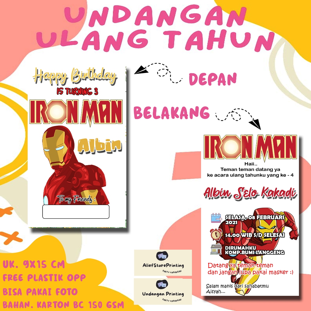 Undangan Ulang tahun IRON MAN  ( 30 PCS / 50 PCS )  Undangan Ulang tahun anak Undangan kartun anak U