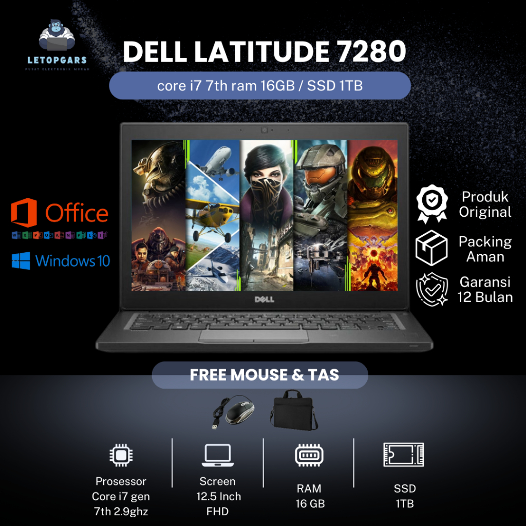 Laptop dell 7280 core i7 7th ram 16GB / SSD 1TB