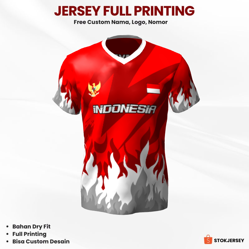 Kaos Jersey Futsal Merah Motif Api 412 - Jersey Olahraga Custom Lengan Pendek