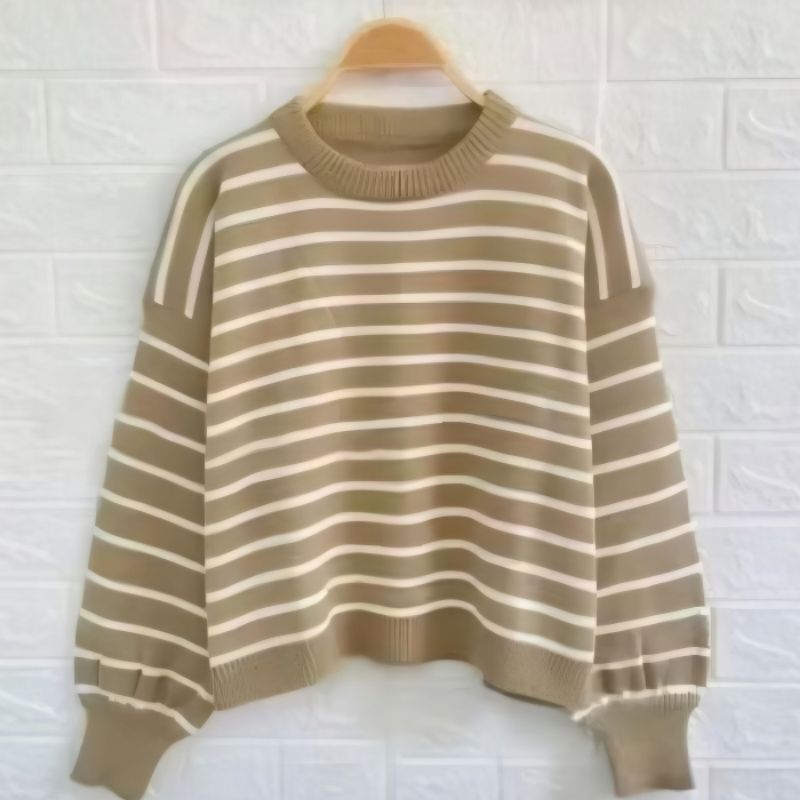 ATASAN WANITA BAYONETA STRIP KNIT WANITA TERBARU ATASAN RAJUT TANGAN BALON