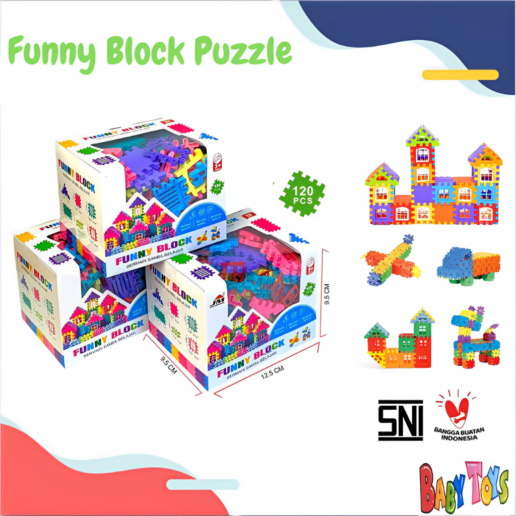 BabyToys Mainan Edukasi Anak Balok Susun Puzzle Imajinasi Bentuk Rumah 120 Pcs Block Blok