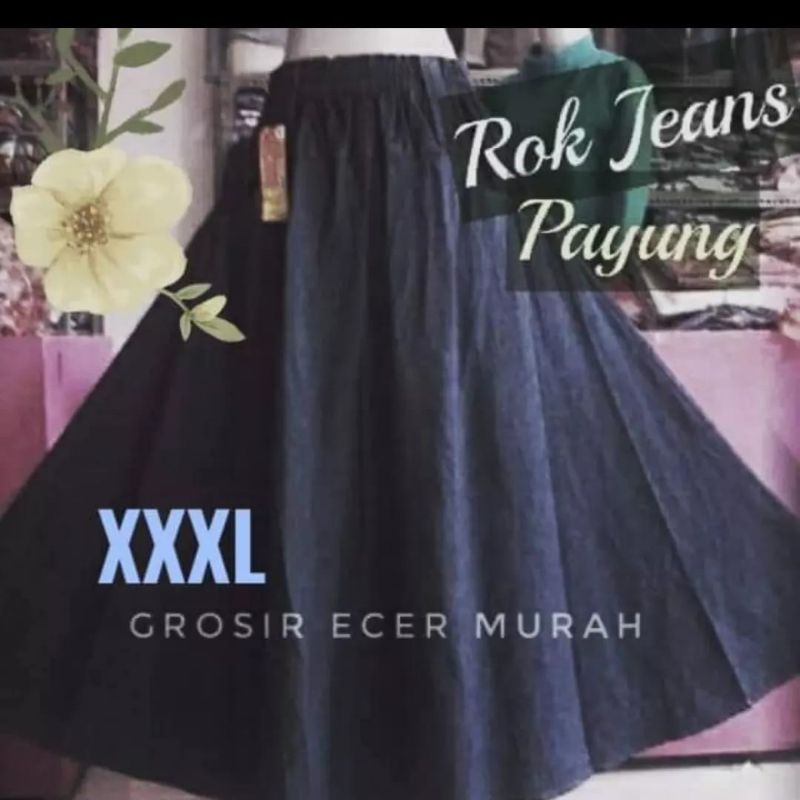 Rok jeans payung jumbo XXXL lebar mayung kualitas bagus rok panjang wanita