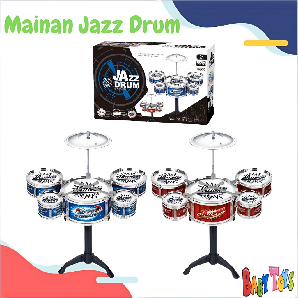 Mainan Drum Anak Set Jazz 5 Drum 1 Simbal 2 Stik Musik Edukasi Warna Biru Merah Tinggi 40 cm