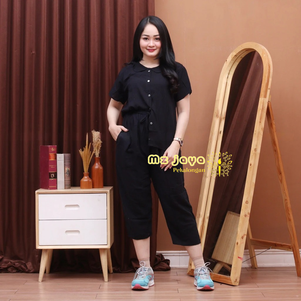 One Set Crop Sinta / One Set Rayon Crop Top / Setelan Wanita Kekinian Warna Hitam Polos