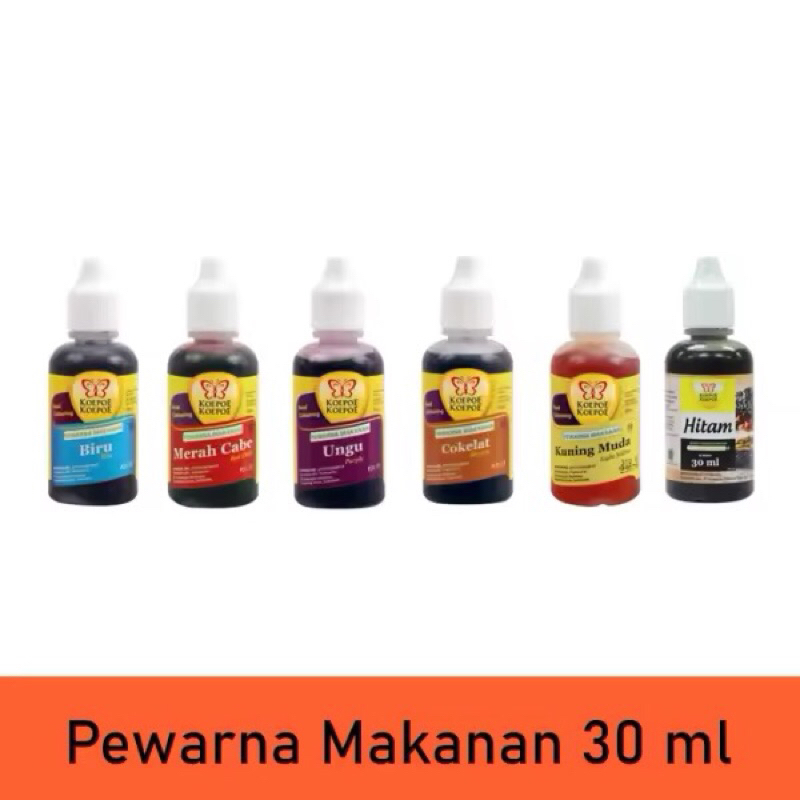 

Koepoe Koepoe Pewarna Makanan 30ml Hijau Kuning Merah Biru Oranye Coklat Hitam Ungu Pewarna Kue