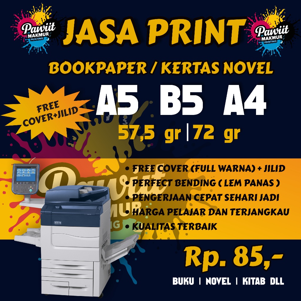 

[Free Cover] Jasa cetak buku bahan bookpaper 57,5gr dan 72gr /cetak bookpaper (HARGA PERHALAMAN)