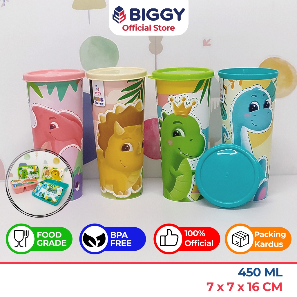 Biggy Torino Tumbler IML Dino 450ml / Gelas Tutup Dinosaurus Souvenir Ulang Tahun