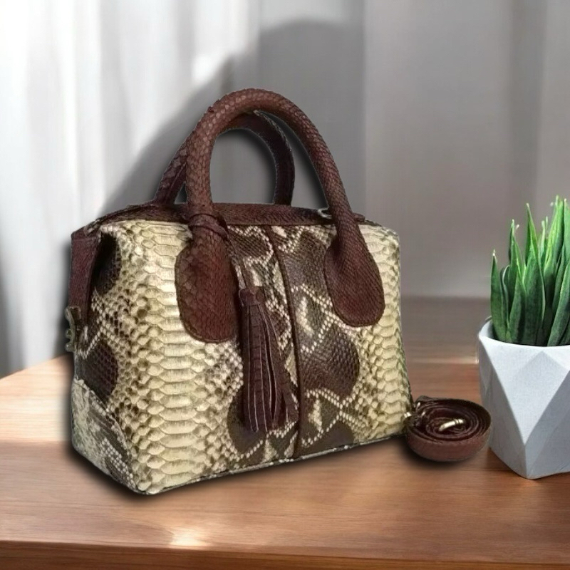 Tas Kulit Ular Piton Asli Wanita Tas Natalie Kulit Asli Original Motif Coklat Totol