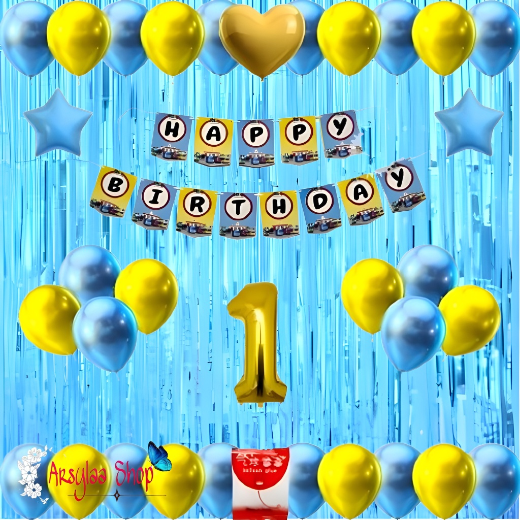 Paket Dekorasi Banner HBD Segilima Ulang Tahun Anak Cewek Cowok Karakter Tayo Free Lem Balon