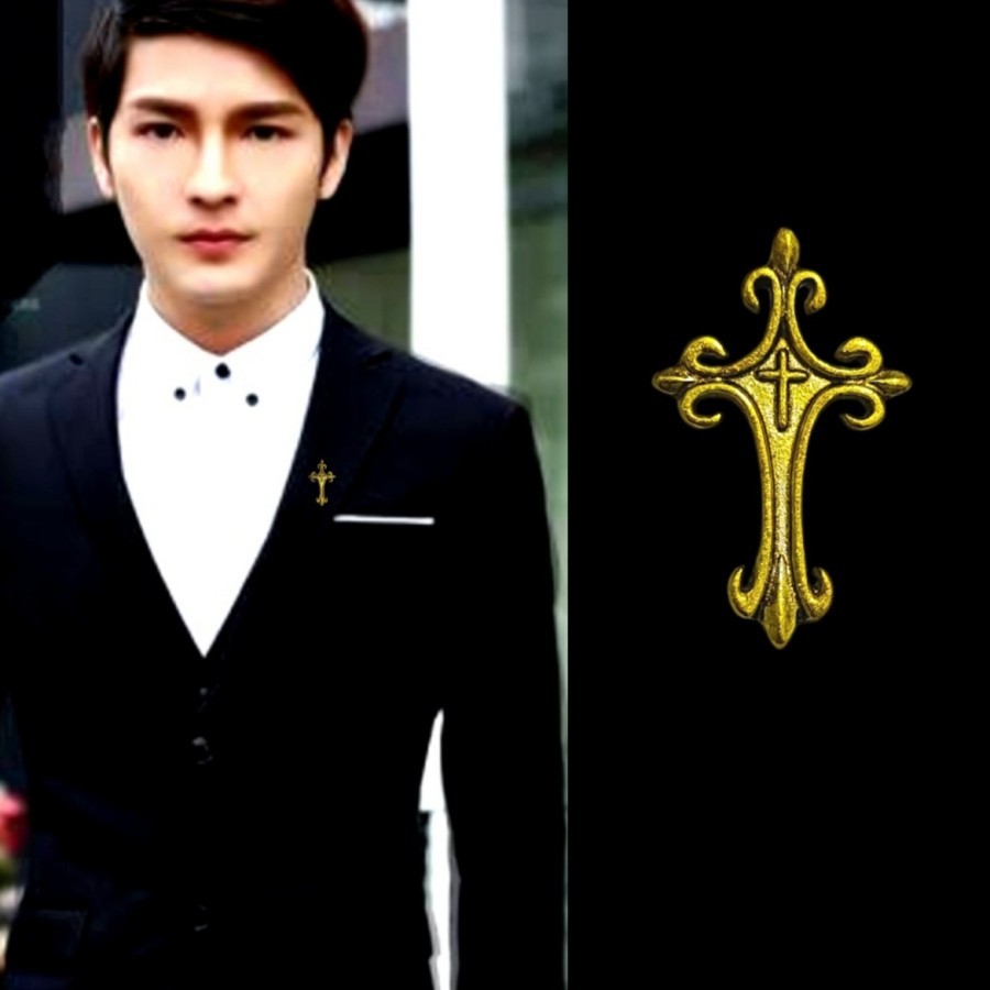 Metal Gold Cross Pin Bros Jas Kameja Tuxedo Mens Classic Salib Pria