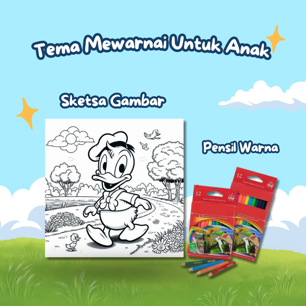 

Kertas Gambar Mewarnai Untuk Anak Tk & Paud Tema : Donald Duck Isi 20 Lembar Mewarnai + Pensil Warna