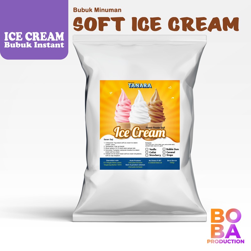 

Soft Ice Cream 1kg (Cokelat/Vanilla/Strawberry) - Bubuk Es Cream Lembut - BobaProduction