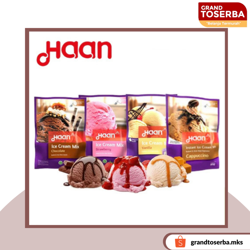 

HAAN Ice Cream Mix 85-90gr / Bubuk Es Krim Rasa Strawberry / Cokelat/ Vanilla