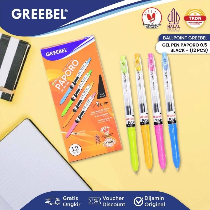 

1 PACK PULPEN GREEBEL PAPORO MX 0,5 GEL PEN TINTA HITAM ( KEMASAN WARNA WARNI )