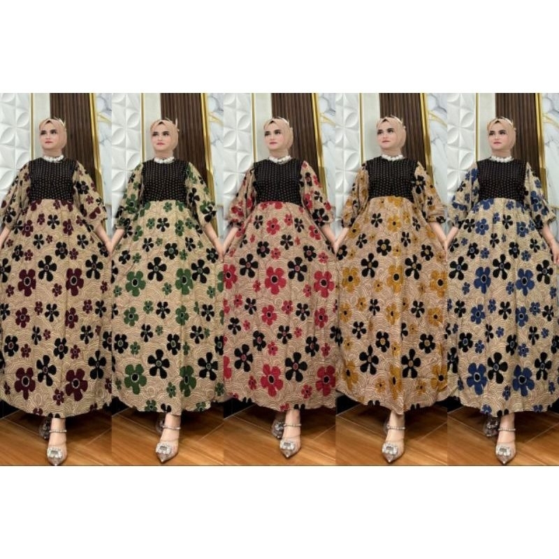Gamis Motif Batik Halus Lengan Balon | Gamis Motif Batik Model Kekinian